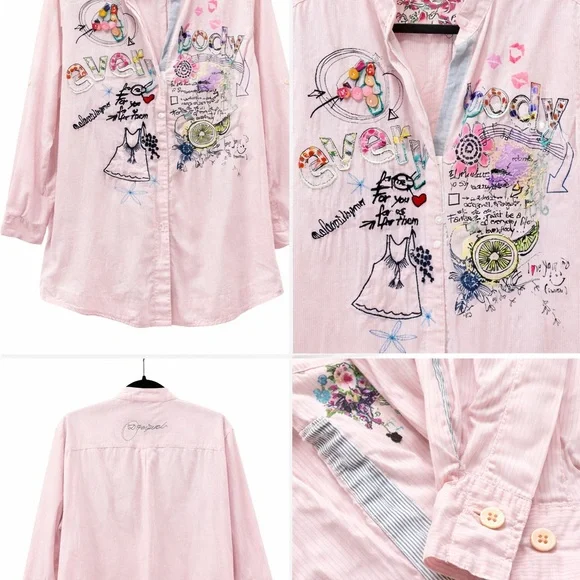 Desigual Embroidered Beaded Graphic Button Up Shirt XXL - Picture 2 of 7